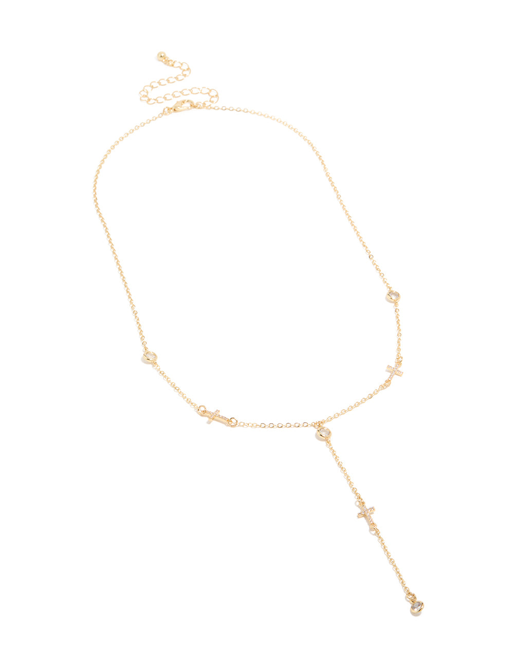 Displaying a gold plated cubic zirconia bezel set cross rosary necklace in statement style front view