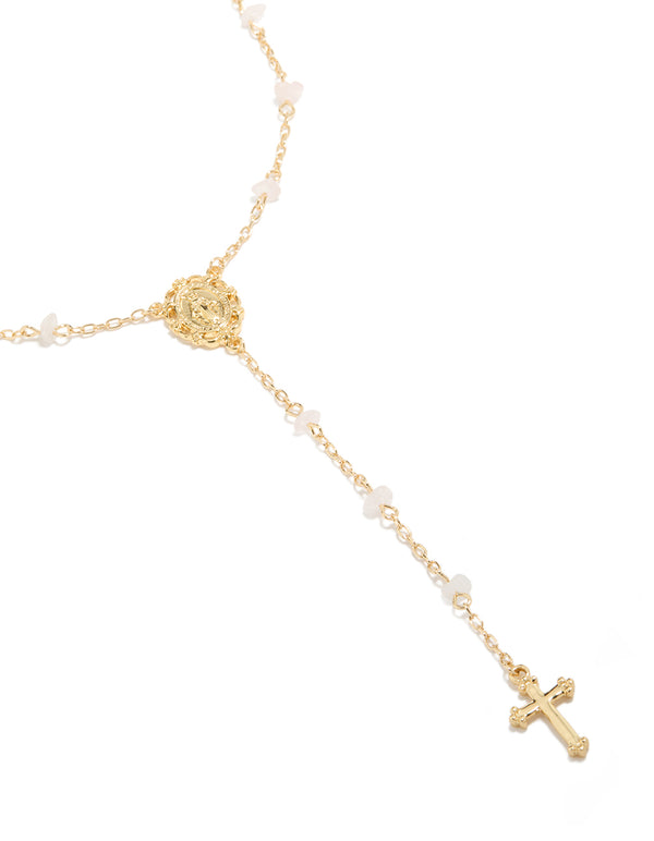 Showcasing a gold plated dainty semi precious stone chip rosary necklace featuring beaded with cross in statement style close up view