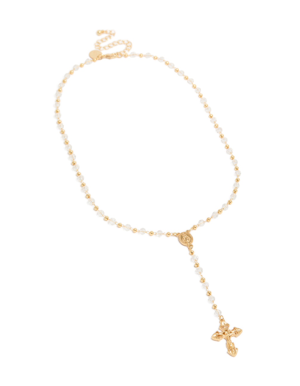 Featuring a gold plated dainty beaded rosary cross Y-necklace with balls in white accents front view