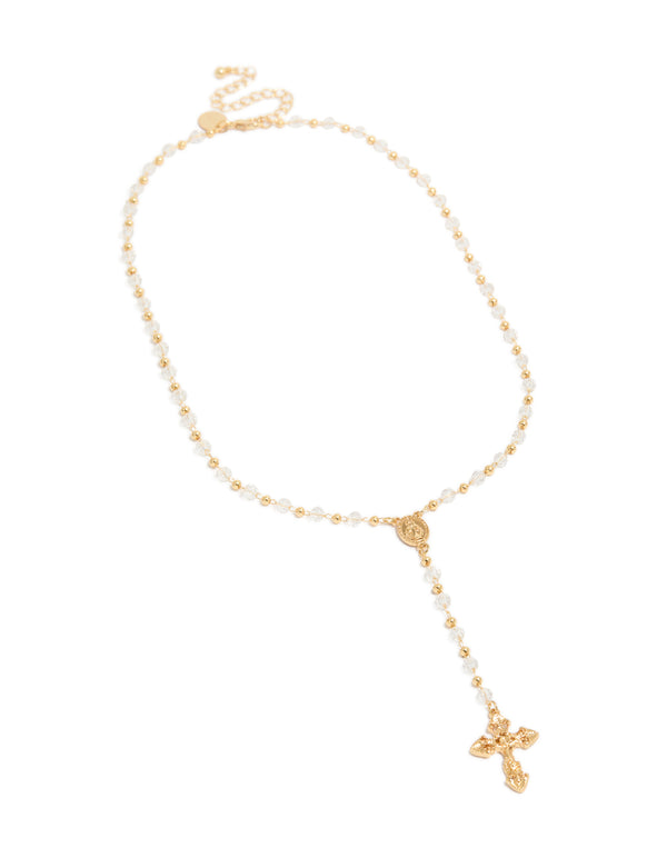 Gold Plated Dainty Beaded Rosary Cross Y-Necklace