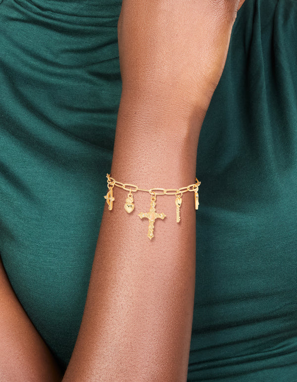 Gold Plated Cross & Heart Charms Bracelet