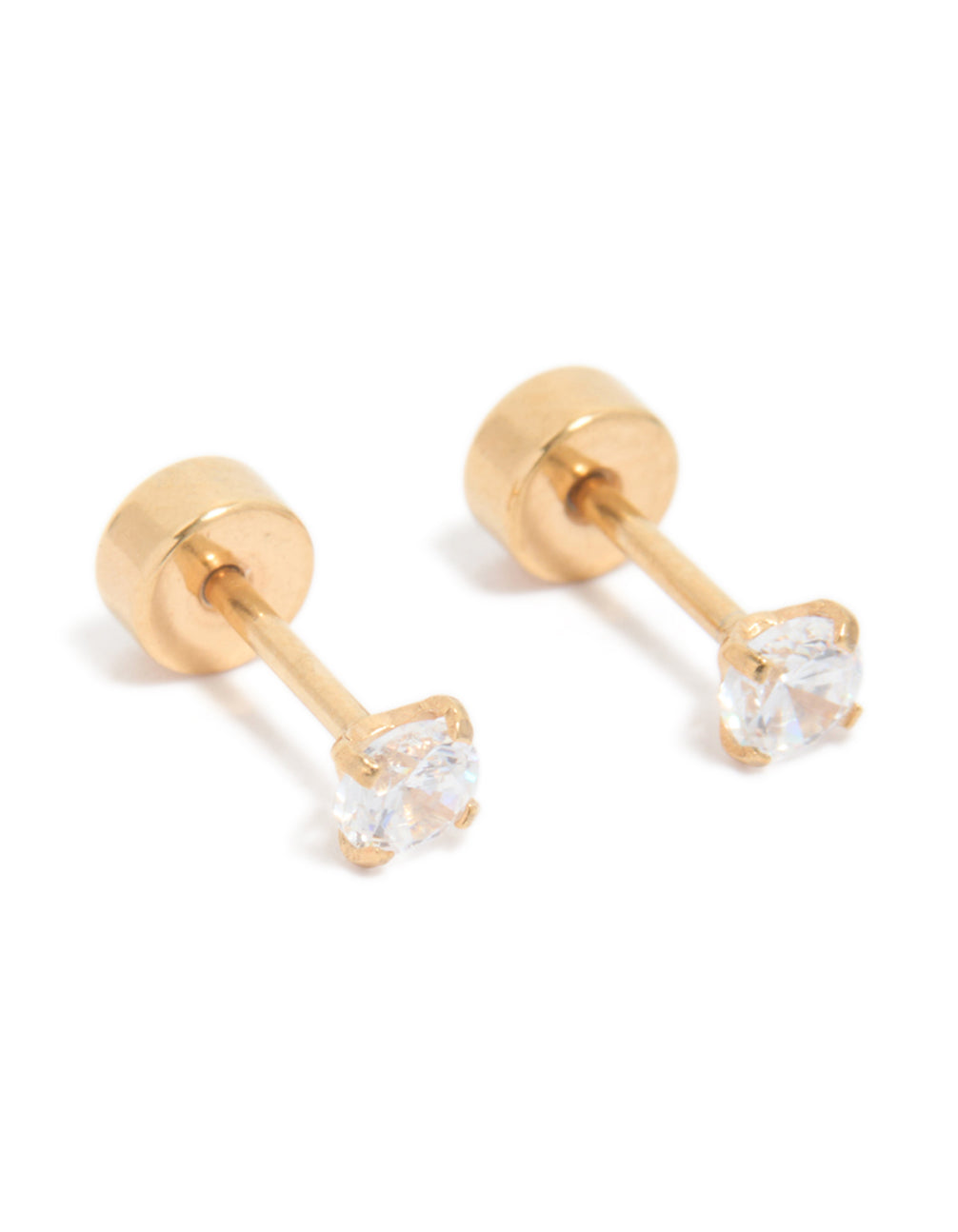 Showcasing kids classic flat back studs crafted from surgical steel with cubic zirconia stones in gold plated finish front view