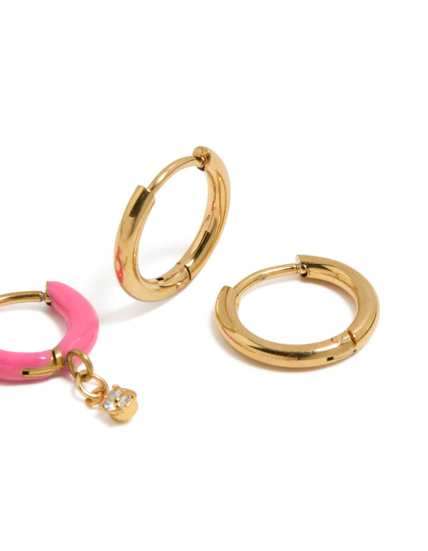 Highlighting waterproof gold plated stainless steel pink enamel and cubic zirconia huggie earrings 2-pack post detail view