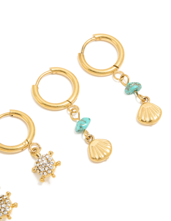 Showcasing waterproof gold plated stainless steel huggie earrings featuring shell turquoise ocean accents in a 2-pack post detail view
