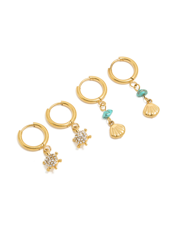 Discover waterproof gold plated stainless steel huggie earring ocean featuring with shell turquoise accents in a 2-pack front view