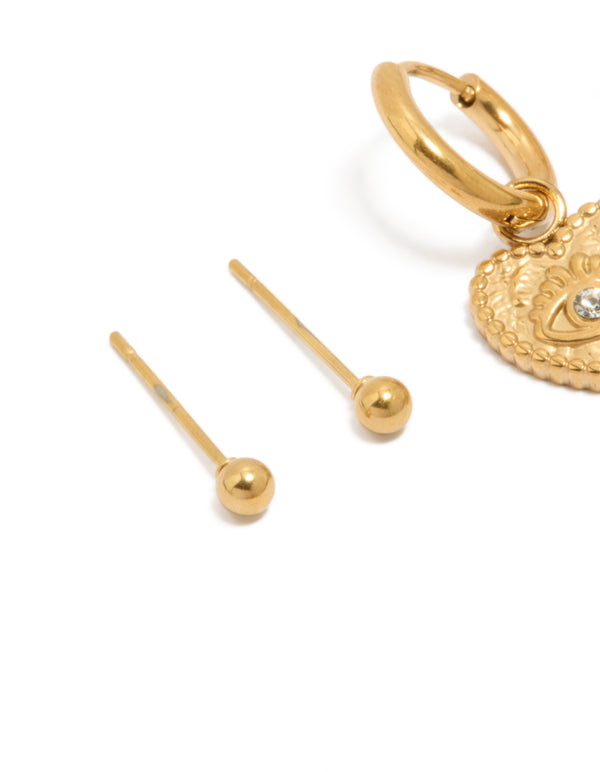 Discover waterproof gold plated stainless steel heart evil eye huggie and ball stud earrings 2-pack close up view
