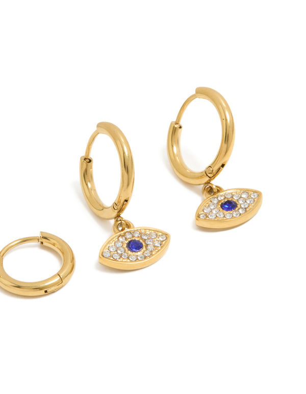 Waterproof Gold Plated Stainless Steel & Diamante Evil Eye Huggie Earrings 2-Pack