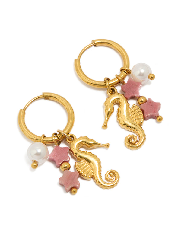 Waterproof Gold Plated Stainless Steel Seahorse Pearl Charm Huggie Earrings