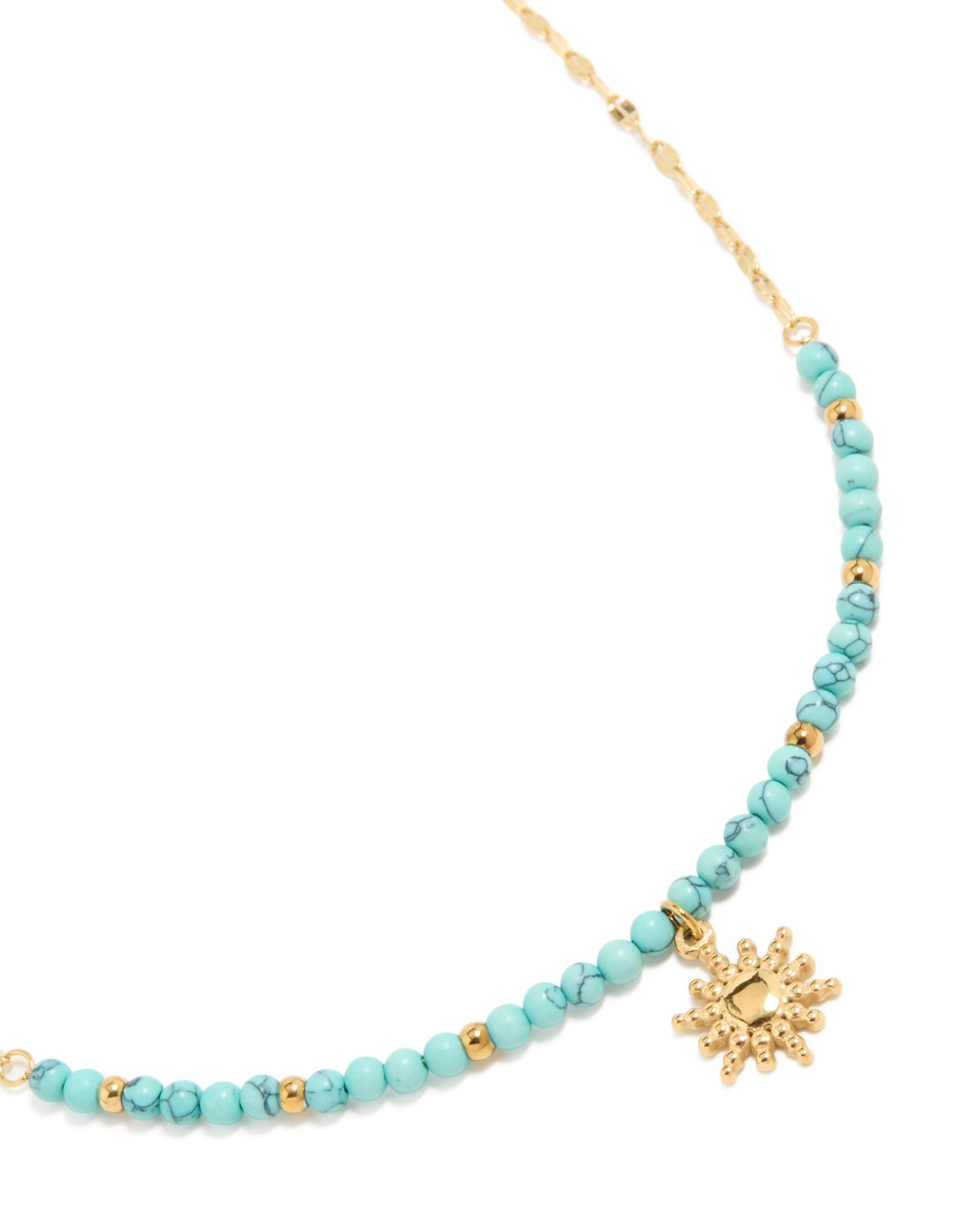 Showcasing a waterproof gold plated stainless steel turquoise semi precious stone sunburst pendant necklace with beads, celestial in gold close up view
