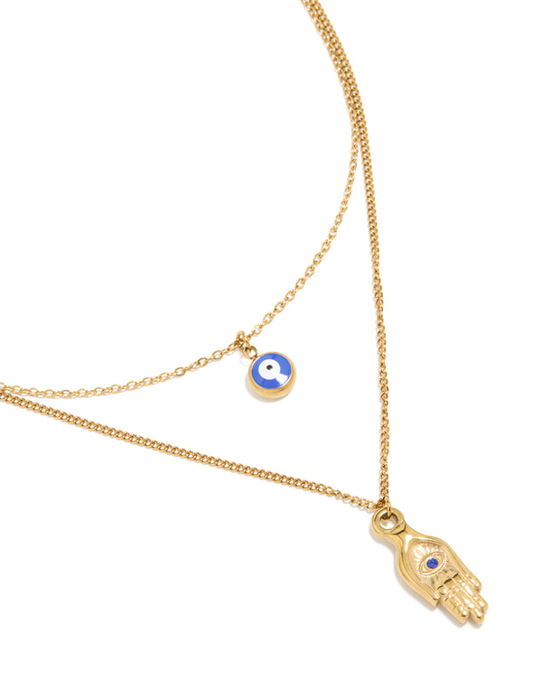 Beautifully designed waterproof layered necklace featuring hamsa hand and evil eye crafted from gold plated stainless steel close up view