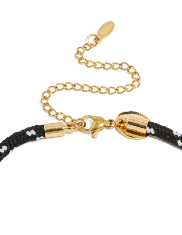 Waterproof Gold Plated Stainless Steel Half Tennis & Half Black Cord Necklace