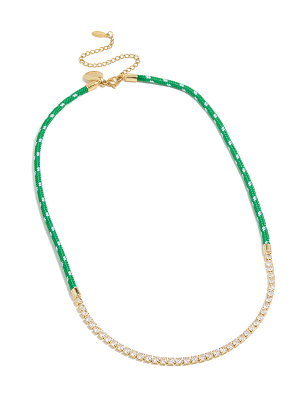 Displaying a waterproof half tennis half green cord necklace crafted from stainless steel and gold plated in clear front view