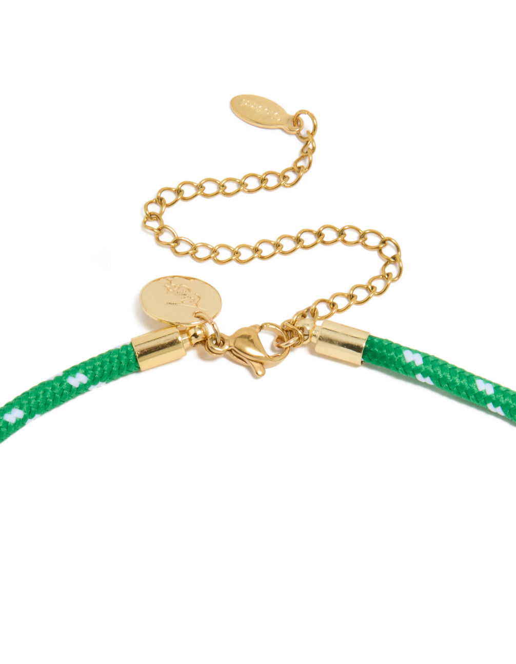 Detailed view of waterproof half tennis half green cord necklace in stainless steel and gold plated featuring clear accents clasp detail view