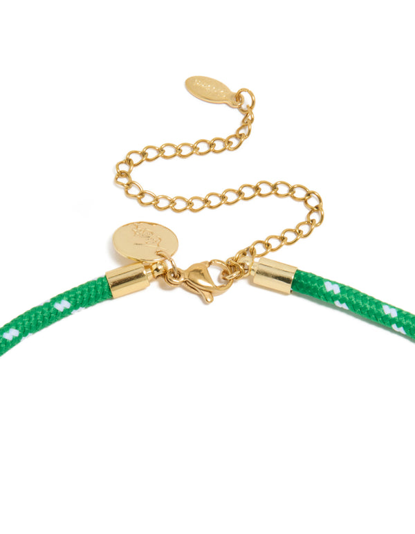 Detailed view of waterproof half tennis half green cord necklace in stainless steel and gold plated featuring clear accents clasp detail view