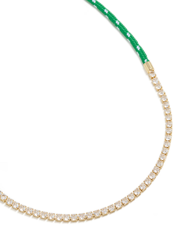 Showcasing a waterproof half tennis half green cord necklace crafted from stainless steel and gold plated in clear front view
