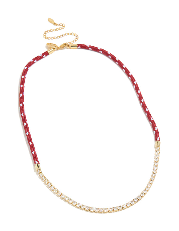Featuring a waterproof half tennis and half burgundy cord necklace design, crafted from gold plated stainless steel in a statement style front view