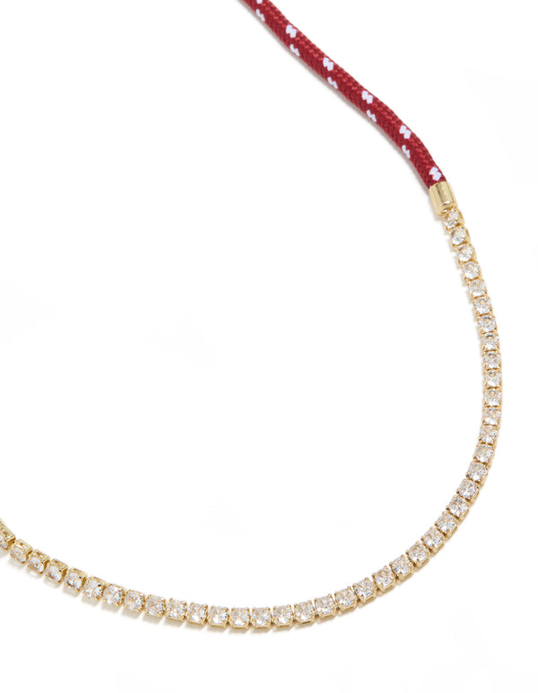 Waterproof Gold Plated Stainless Steel Half Tennis & Half Burgundy Cord Necklace