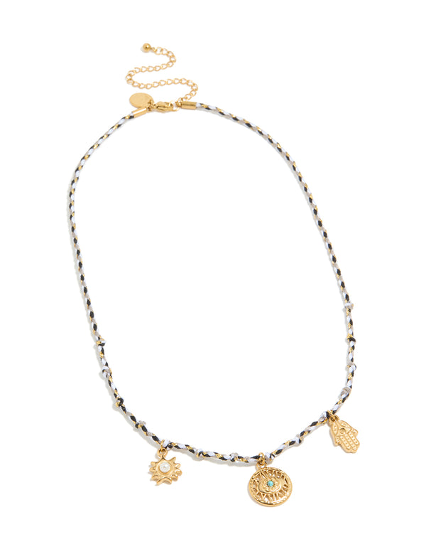 Waterproof Gold Plated Stainless Steel Hamsa Hand & Eye Charm Black Cord Necklace