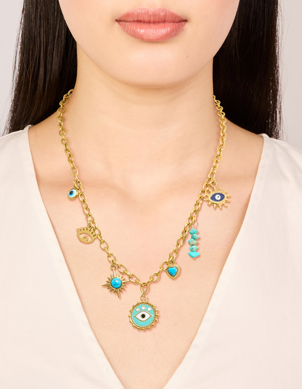 Waterproof Gold Plated Stainless Steel Evil Eye & Turquoise Semi Precious Stone Charm Necklace