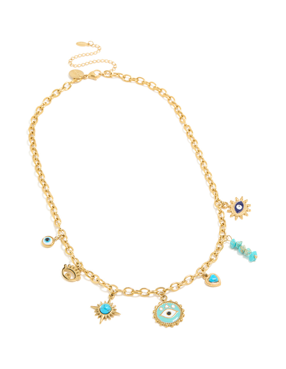 Waterproof Gold Plated Stainless Steel Evil Eye & Turquoise Semi Precious Stone Charm Necklace