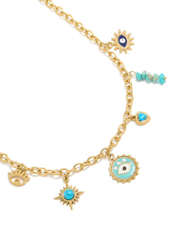 Waterproof Gold Plated Stainless Steel Evil Eye & Turquoise Semi Precious Stone Charm Necklace