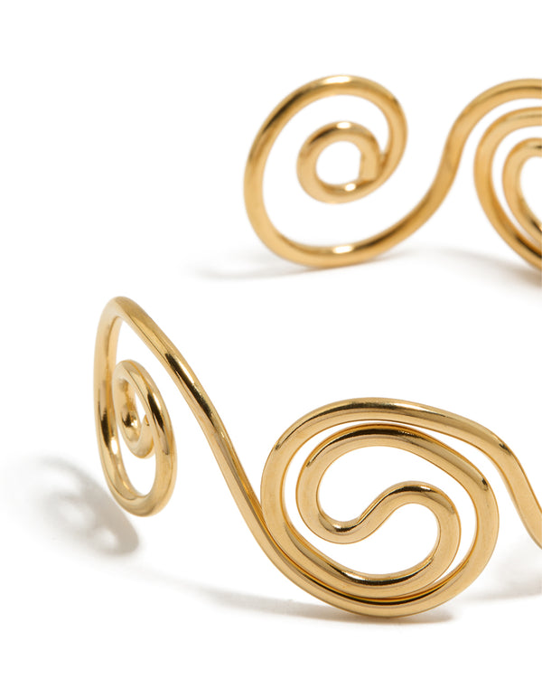 Presenting a waterproof gold plated stainless steel swirl bendy wrist cuff bangle with statement styling closure detail view