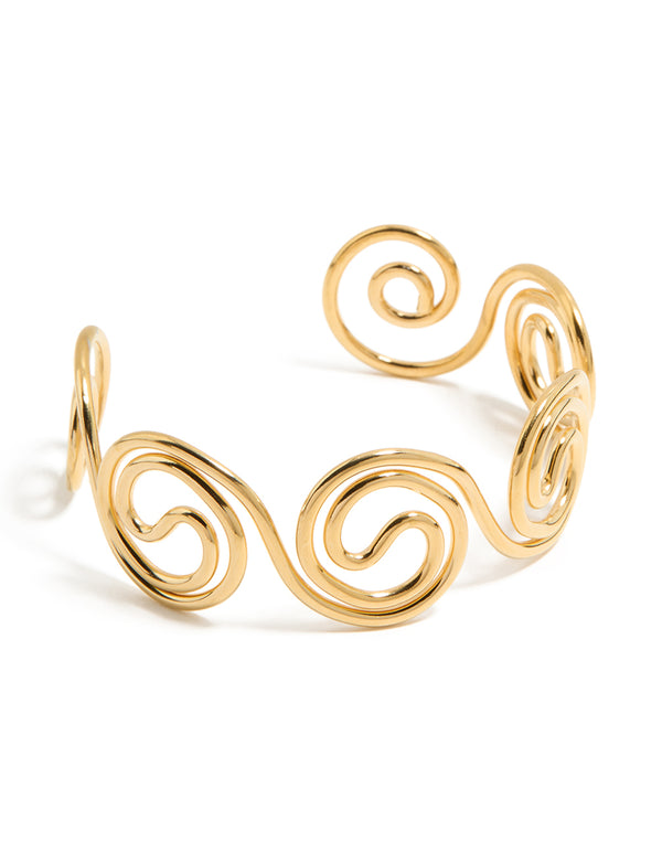 Featuring a waterproof gold plated stainless steel swirl bendy wrist cuff bangle in statement styling front view