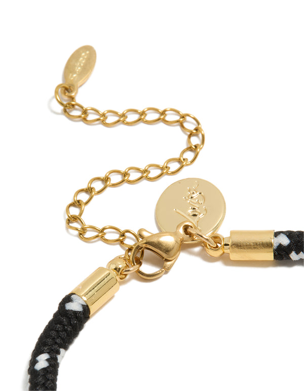 Waterproof Gold Plated Stainless Steel Half Tennis & Half Black Cord Bracelet