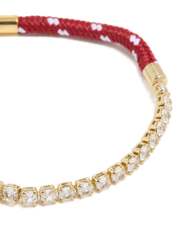 Waterproof Gold Plated Stainless Steel Half Tennis & Half Burgundy Cord Bracelet