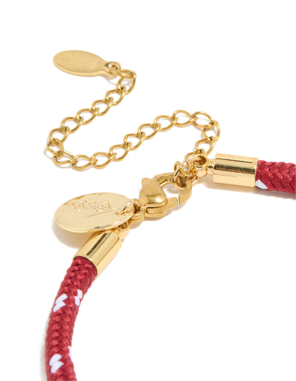 Crafted from waterproof materials this bracelet features gold plated stainless steel with adjustable chain clasp and red cord closure detail view