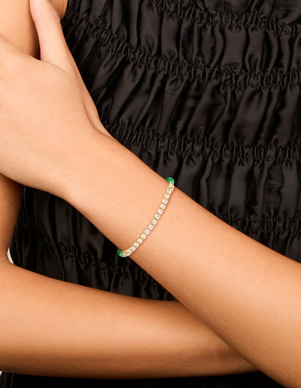 Waterproof Gold Plated Stainless Steel Half Tennis & Half Vibrant Green Cord Bracelet