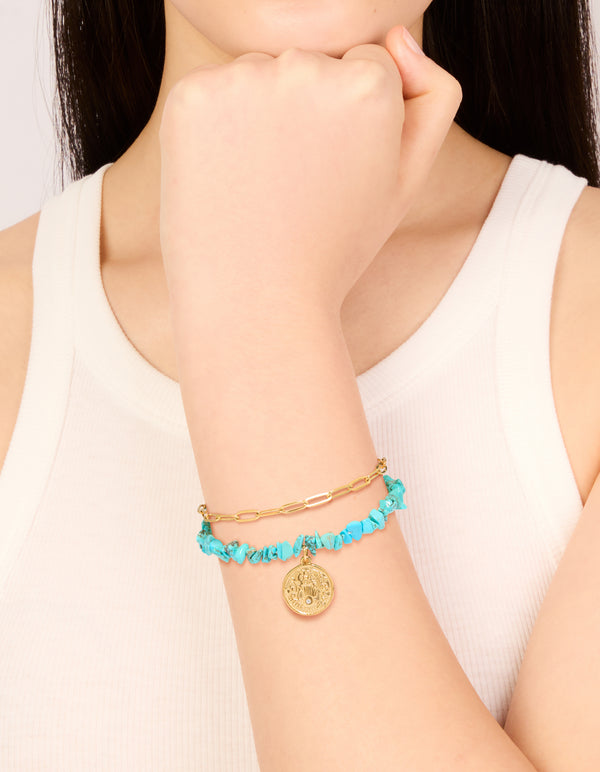 Waterproof Gold Plated Stainless Steel Coin & Turquoise Semi Precious Stone Chip Bracelets 2-Pack