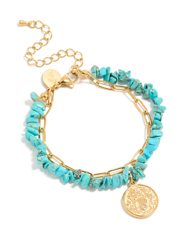Explore waterproof stainless steel bracelet featuring turquoise chip beads, coin and gold plated finish front view