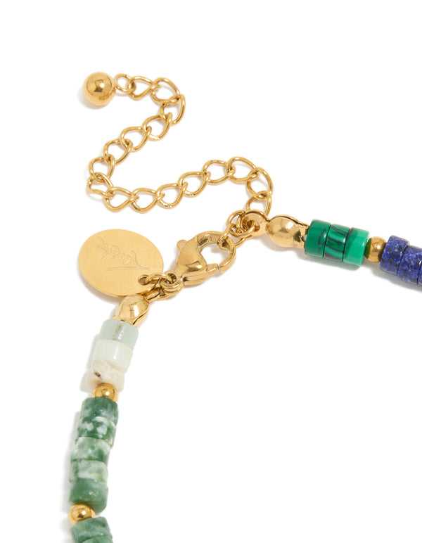 Waterproof gold plated stainless steel beaded bracelet featuring amazonite and rose quartz semi precious stones with round cut closure detail view