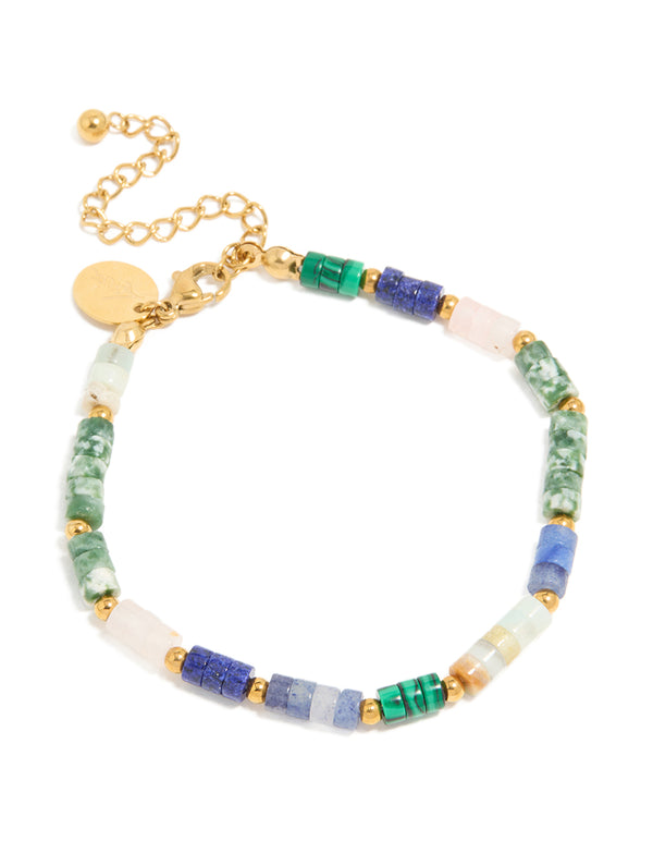 Beautifully crafted waterproof gold plated stainless steel beaded bracelet featuring amazonite and rose quartz semi precious stones with round cut front view