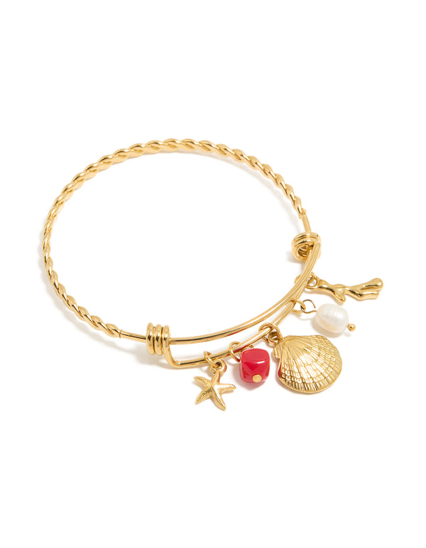 Waterproof Gold Plated Stainless Steel Shell & Freshwater Pearl Charm Bangle