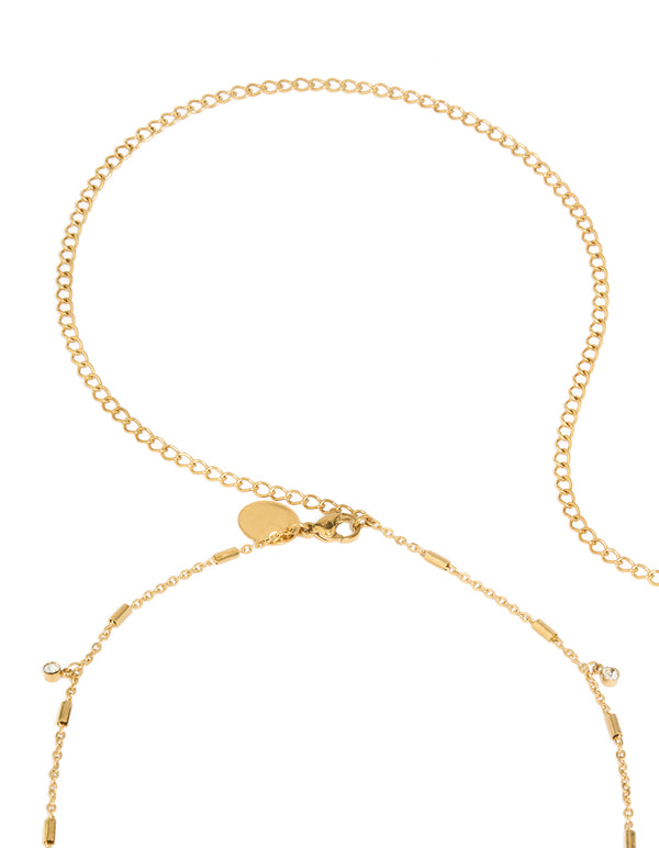Explore a waterproof body chain featuring charm details, gold plated stainless steel with cubic zirconia in a dainty style clasp detail view