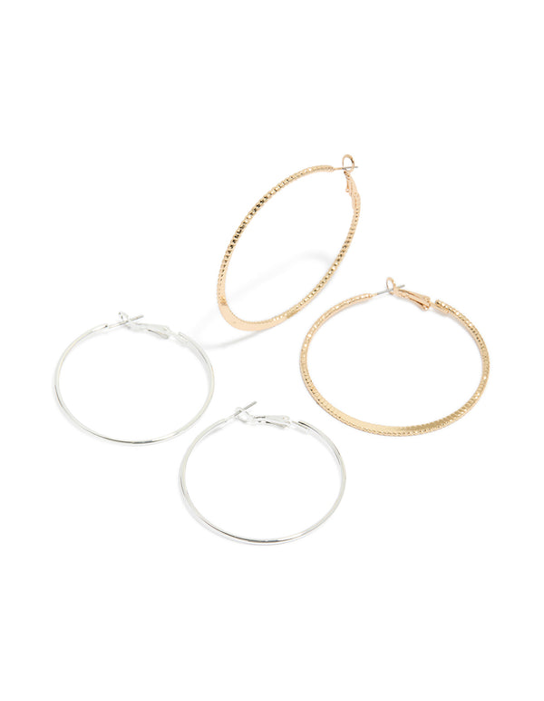 Showcasing mixed metal plain and textured hoop earrings in a 2-pack featuring gold and silver hoop closure front view