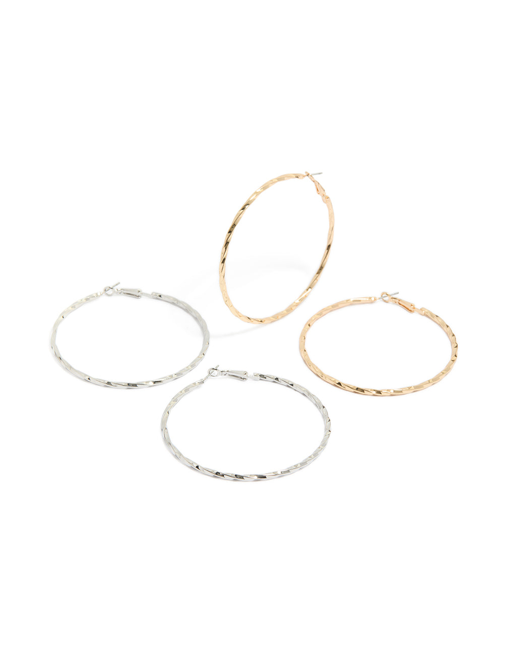 Stylish mixed metal textured hoop earrings 2-pack in gold and silver front view