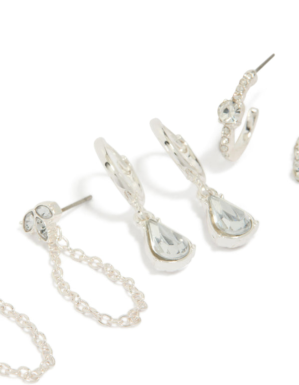Explore this silver mixed diamante and chain earrings 3-pack with huggie and stud closures close up view