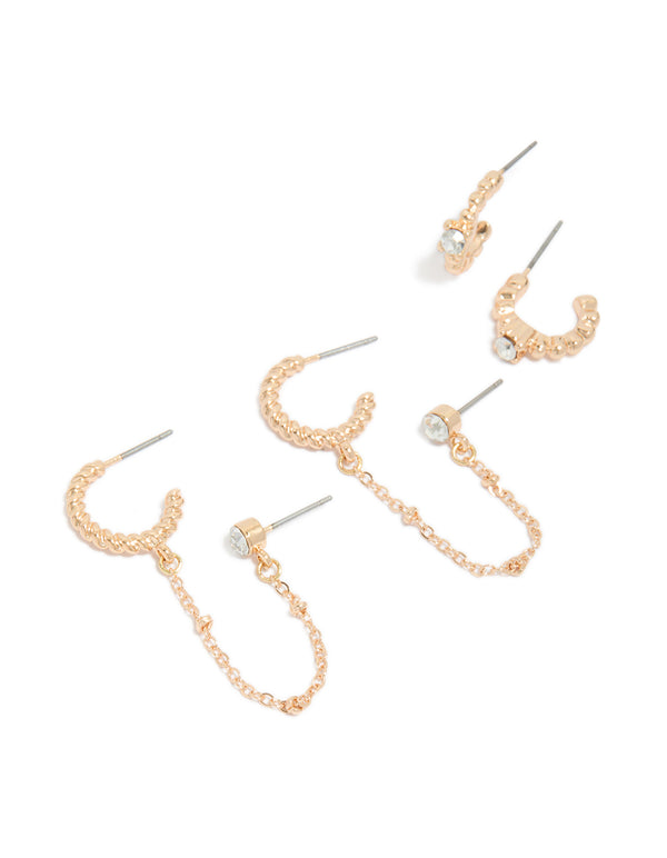 Showcasing gold diamante chain hoop earrings in a 2-pack with charm and stud closure front view