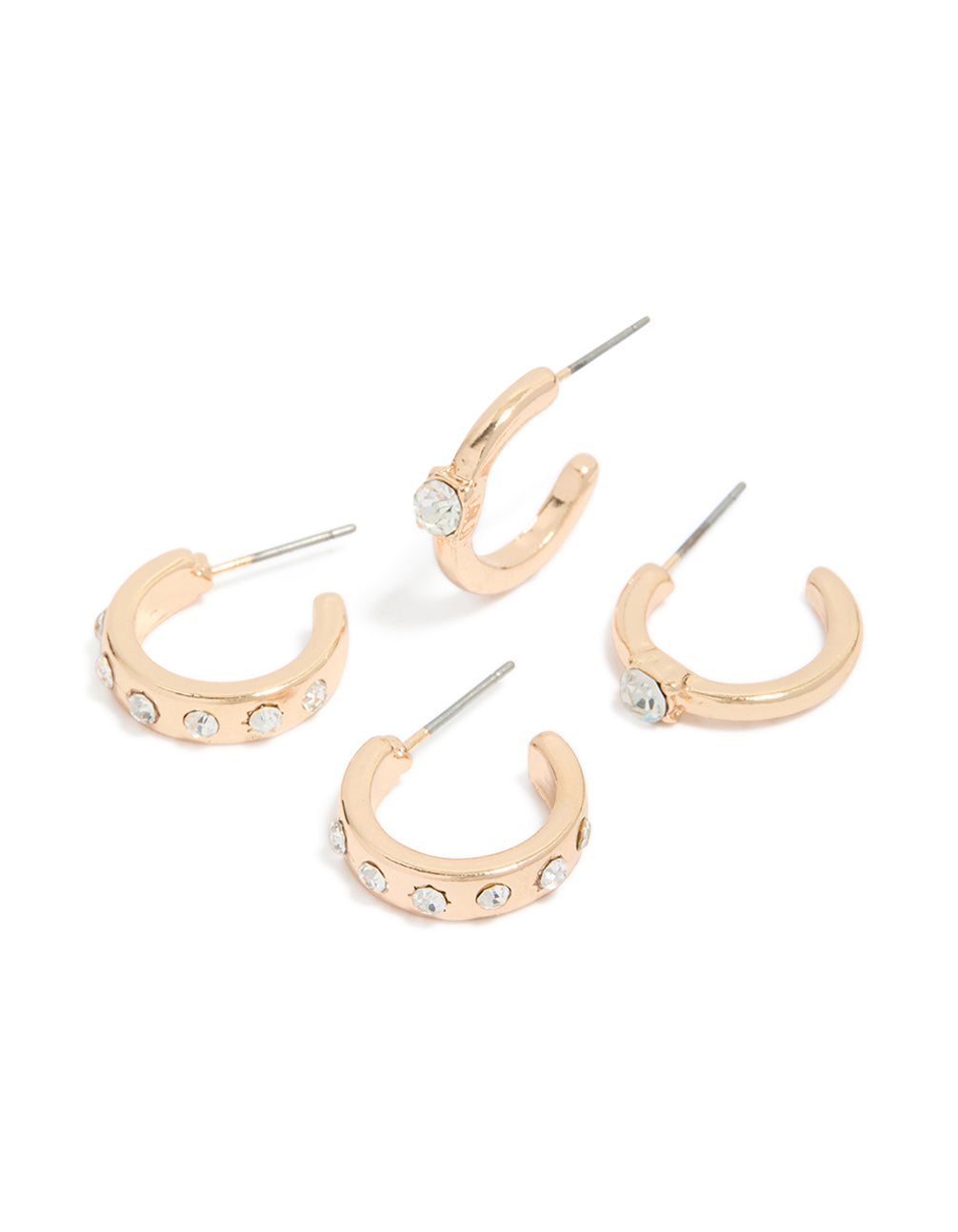 Showcasing gold diamante hoop earrings in a 2-pack with clear stone embellishments front view
