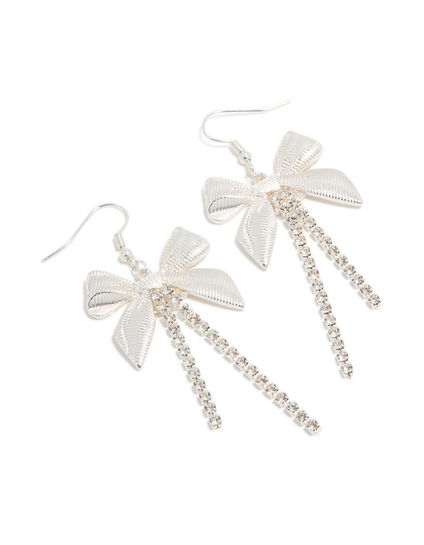 Silver Ribbed Bow Cupchain Drop Earrings
