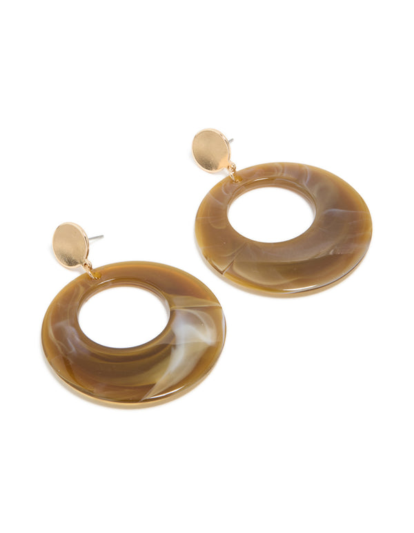 Gold Brown Marble Circle Drop Earrings