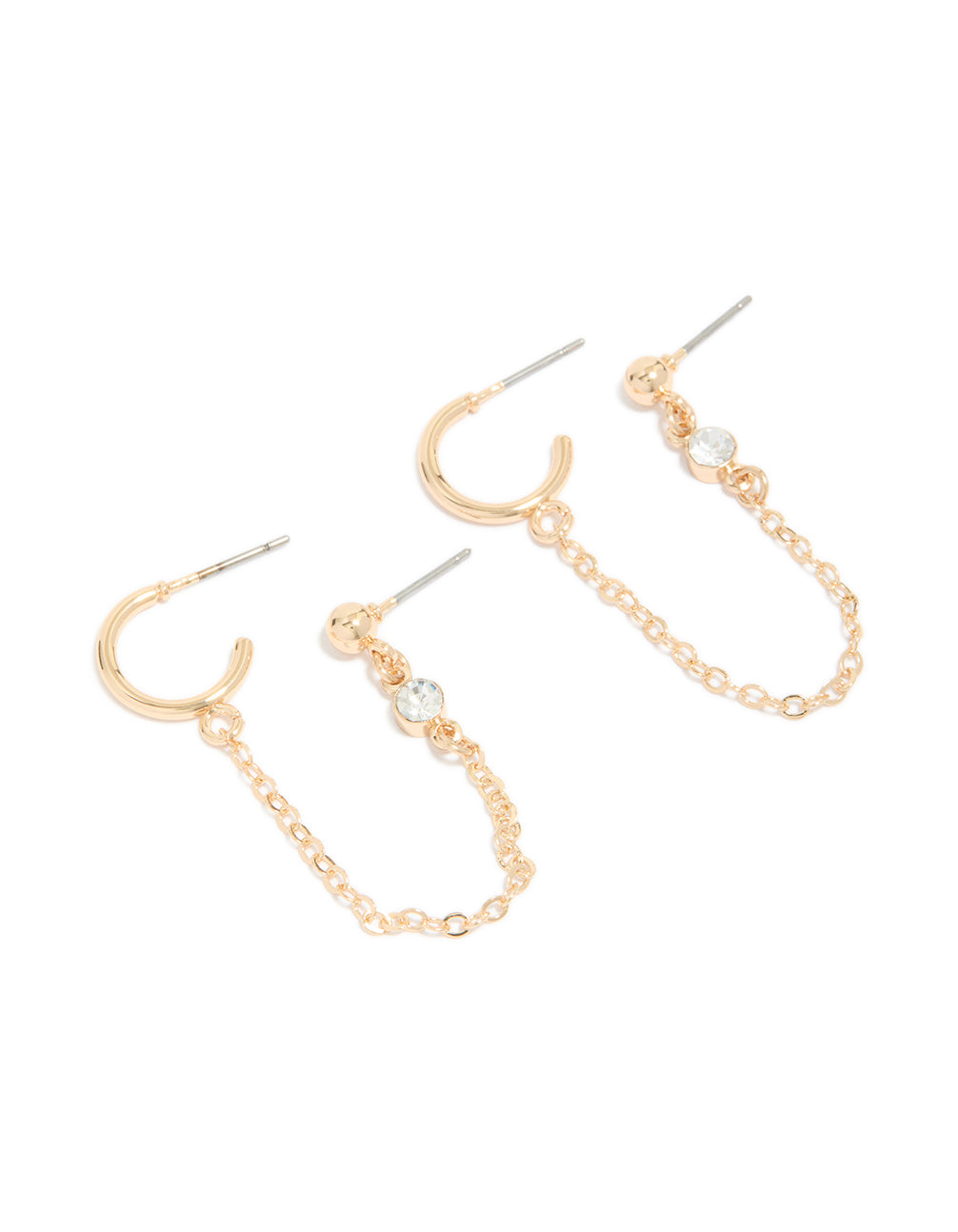 Showcasing gold huggie and chain stud earrings featuring stud and huggie closure front view