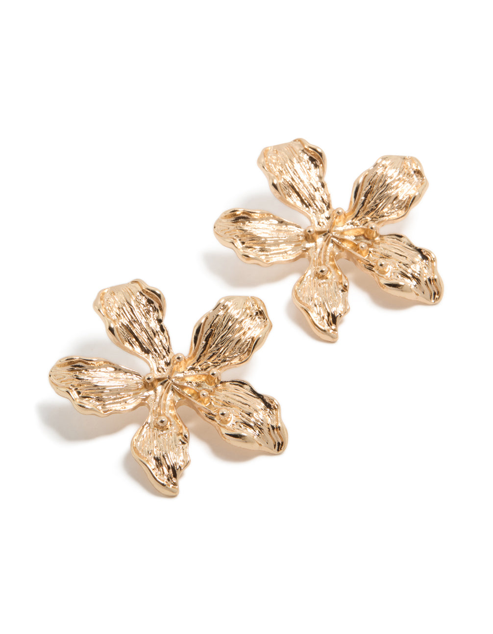 Showcasing statement stud earrings with floral design in gold front view