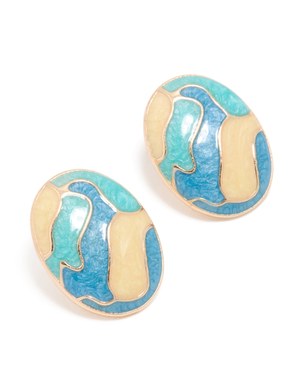 Showcasing oval stud earrings with blue enamel ocean design in gold featuring turquoise and light accents front view