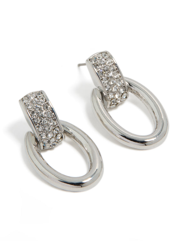 Stunning diamante oval barbell stud earrings in silver design front view
