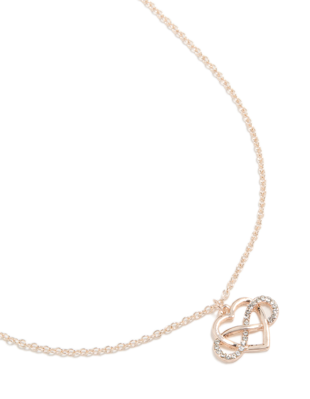 Showcasing a rose gold diamante open heart infinity necklace close up view