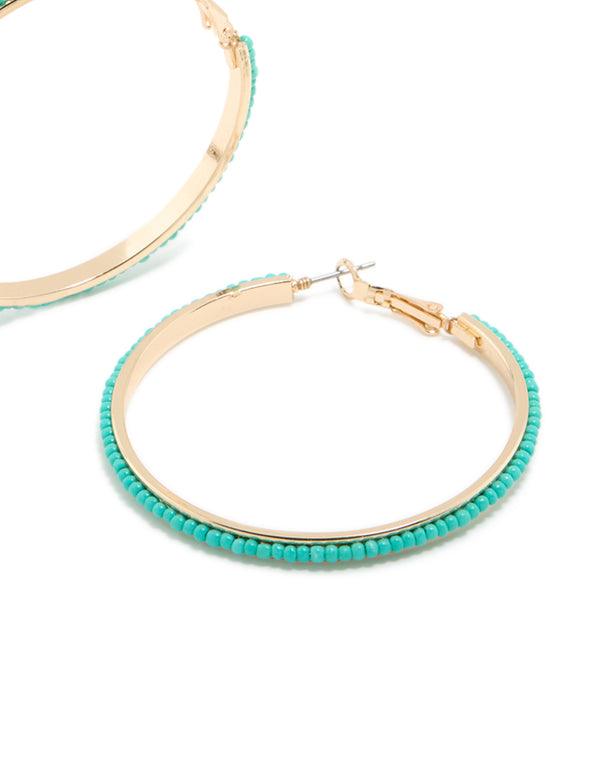 Gold Aqua Beaded Large Thin Hoop Earrings